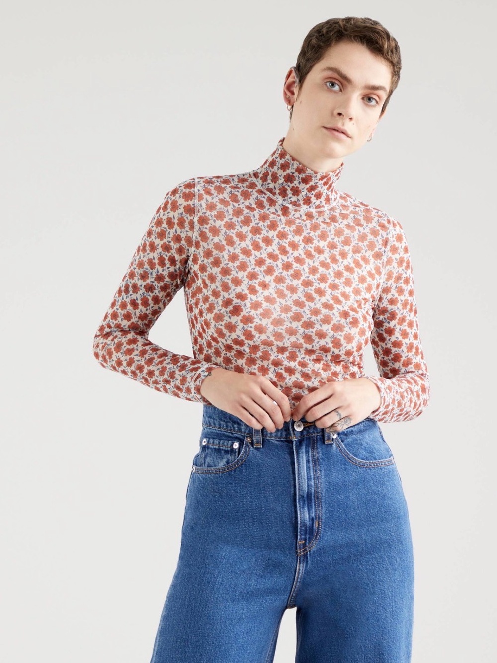 Levi's Mesh Cream Long-Sleeve Mock Neck Top with Rust Floral Print